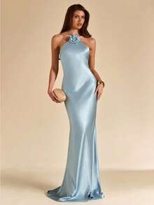 SHEIN BAE Elegant Light Blue Summer Satin Gown Halter Backless Floral Decor Fitted Maxi Mermaid Dress For Dining,Party,Cocktail,Formal Occasion,Bridesmaid - Blue - View 3