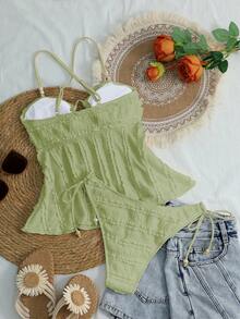 Swim Mod Women's Solid Apricot Textured Fabric Beaded Decor Camisole & Bikini Set, Suitable For Summer Beach & Vacation - Mint Green - View 2