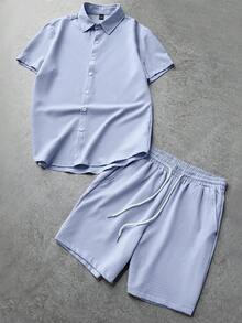 Manfinity Homme Men's Solid Color Textured Short Sleeve Shirt And Shorts 2 Pieces Set Mens Piece Summer Sets Outfits Men Clothes Two Beach Outfit For Top Man Holiday - Baby Blue - View 6