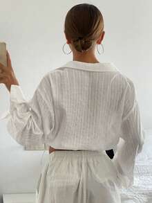 Livesso Women Solid Color Turndown Collar Long Sleeve Drawstring Hem Blouse Summer Crop Women Tops - White - View 2