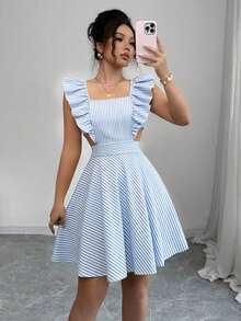 Elenzga Women's Casual Commuter Striped Ruffle Hem Sleeveless Dress, Summer - Blue and White - View 9