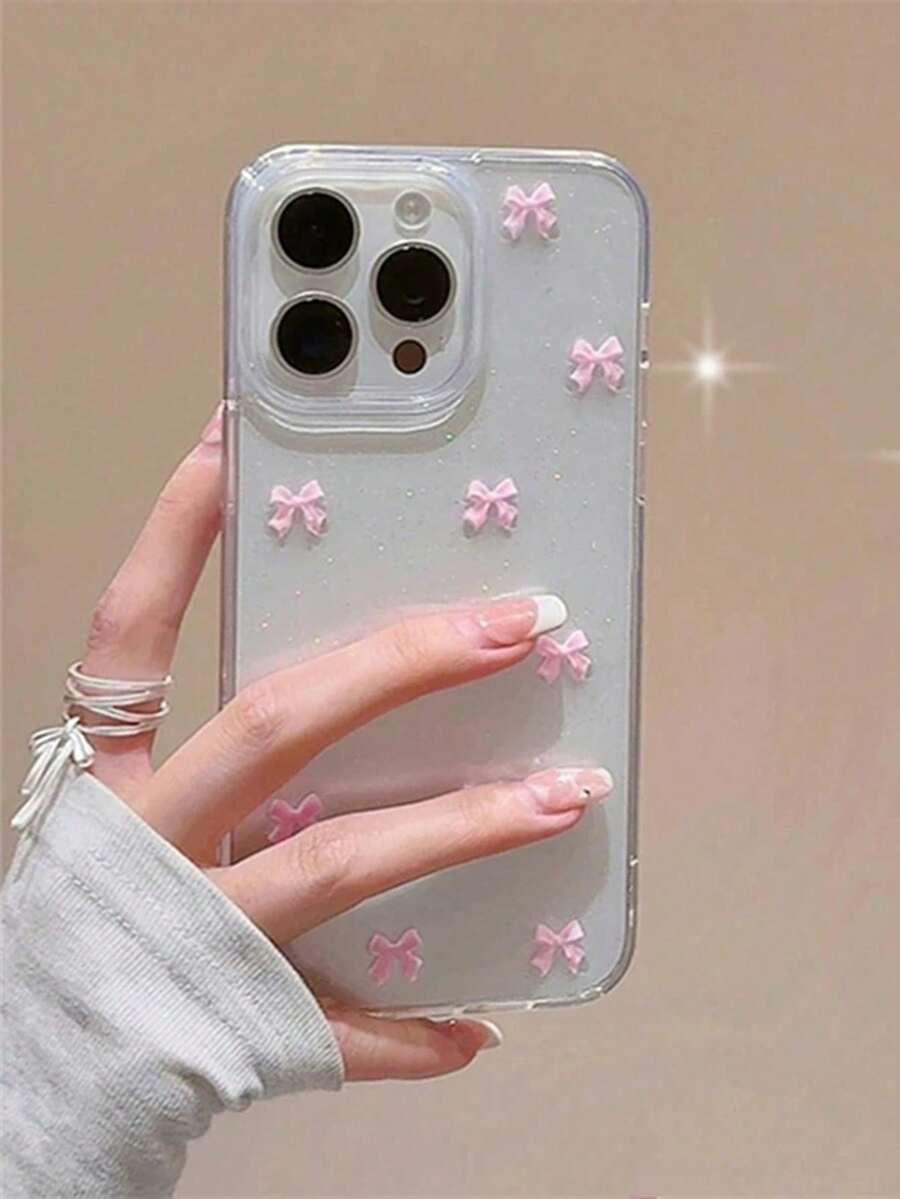1个苹果手机壳，美观闪亮可爱3D花朵蝴蝶结手机壳，兼容 16 15 14 13 12 11 Pro Max Mini X XR XS Max 7 8 Plus SE，日韩少女风，爱心仿珍珠环氧树脂透明壳，防水防震防摔防刮花 - 小粉紅色蝴蝶結 - 查看 1