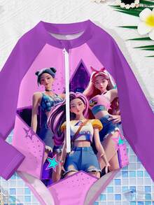 亮紫色渐变，卡通女孩印花图案，少女休闲简约连体泳衣，适合夏季穿着 - 彩色 - 查看 7
