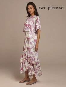 COSMINA 女士优雅荷叶边领印花雪纺连衣裙，适合约会、情人节、度假等场合，尽显优雅气质。 - 彩色 - 查看 5