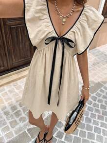 Serisse Women's 100% Cotton Black And Beige V-Neck Contrast Bow Decor Ruffle Babydoll Hem Short Dress,Elegant Summer Holiday Picnic Holiday Vacation Outfits - Apricot - View 7