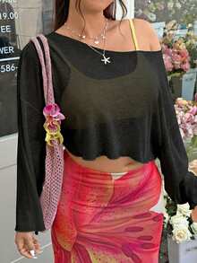 GalTyme 大码女式黑色透视不对称肩部上衣 - 黑色 - 查看 1