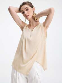 Aalyst Women's Pleated Solid Satin Crepe Sleeveless Asymmetrical Hem Blouse - Champagne - View 1