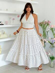 SHEIN EZwear Váy xếp ly họa tiết chấm bi đen trắng dành cho nữ cỡ lớn - Đen và trắng - Xem 5