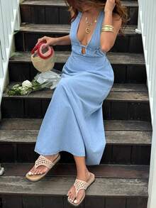 Sunnyshic Women's Halter Backless Denim Dress With High Slit - Blue - View 6