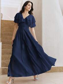 Anewsta 女士新款优雅藏蓝色多层裹身连衣裙，波浪形下摆，修身设计，适合派对、度假等场合 - 藏蓝色 - 查看 3