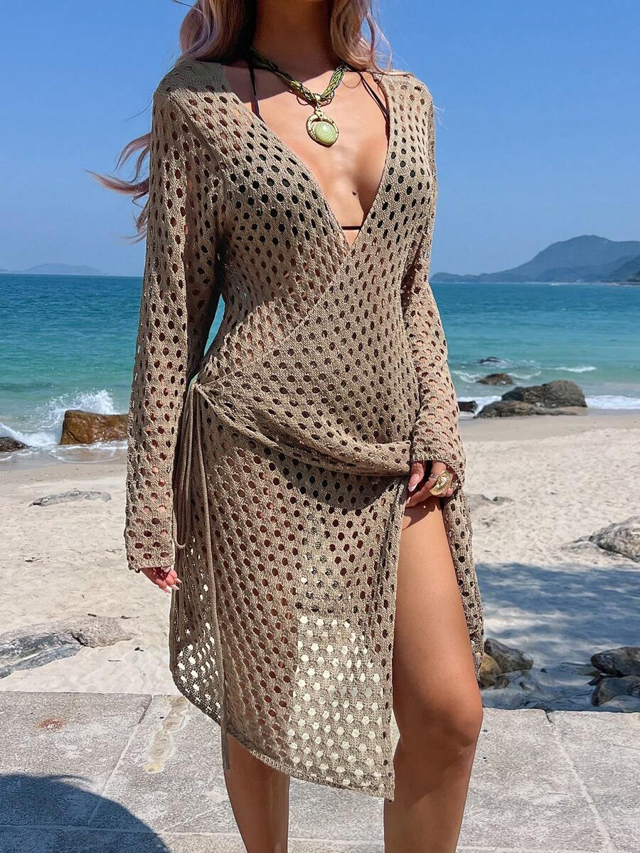 Livesso 女士深V领长袖裹身系带露脐沙滩罩衫泳衣度假装夏季 - 卡其色 - 查看 1