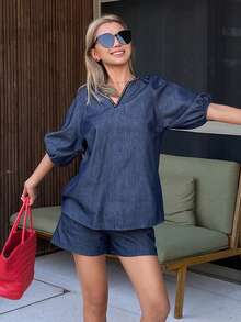 DAZY Women's Summer V-Neck Rhinestone Decor Denim Top And Loose Shorts Casual City Denim Set - Dark Wash - View 4