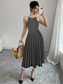 Franclia New Vintage Striped Patchwork Contrast Color Round Neck Sleeveless Knitted Dress For Women - Black - View 8