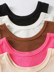 SHEIN Young Girl Solid Color Ribbed Crew Neck Romper - Multicolor - View 5