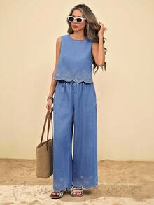 Travachic 女士休闲刺绣无袖牛仔衬衫 - 淺色水洗藍 - 查看 5