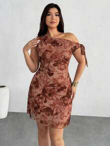 Firerie Plus Size Women's Summer New Floral Asymmetrical Shoulder Sexy Elegant Vacation Mini Dress, Mesh Tie Dye Floral Stretch Dress, Asymmetric Neck Dress, Spring/Summer Clothing, Beach Outfit, Elegant, Sexy, Vacation, Beach, Hawaii, Date, Party, Music Festival, Graduation Dress, Prom - Brown - View 3