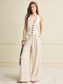 Écloséra Women's Summer Two-Piece Set Beige Chic Vacation Beach Halter Top And Low-Rise Pants Outfits Casual Elegant Commuter Wedding Formal Business Set - Apricot - View 5