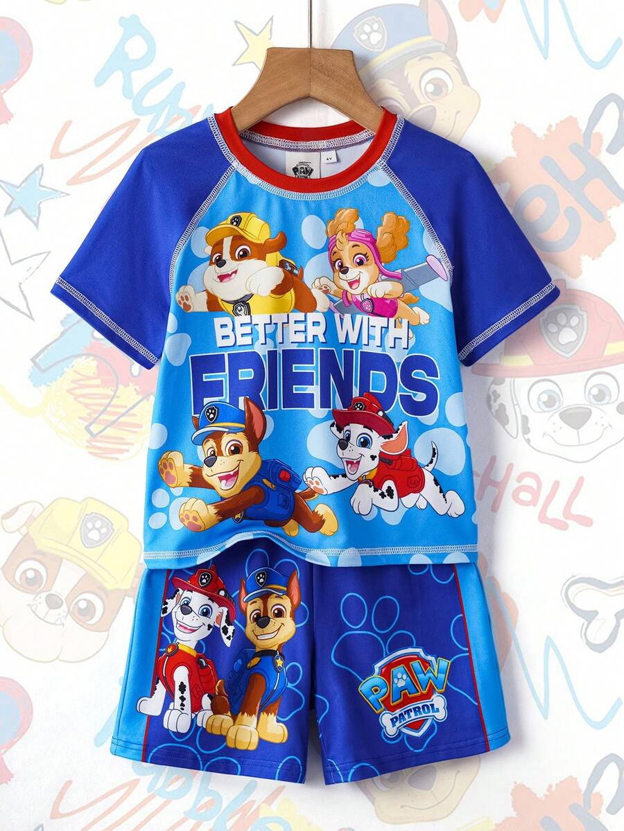 SHEIN | PAW Patrol Set de 2 piezas de camiseta de manga corta y pantalones cortos con estampado de dibujos animados para niños pequeños - Azul - Ver 1