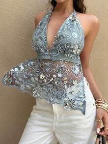 Serisse Women's Floral Embroidery Sequin Mesh Deep V Sexy Halter Neck Camisole - Green - View 4