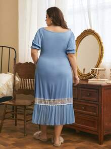 Côtesoire Elegant French Romantic Contrast Color Lace Patchwork Ruffle Button Comfortable Plus Size Nightgown - Blue - View 2