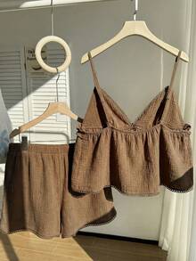 Comfortcana Brown Plus Size Women's Lace Trim Camisole And Shorts 2 Pieces Set - Brown - View 2