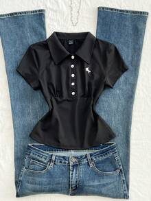 Flirla Damen Polokragen Taille Kordelzug Kontrast Farbe Besticktes Logo T-Shirt, Frühling/Sommer - Schwarz - Übersicht 1