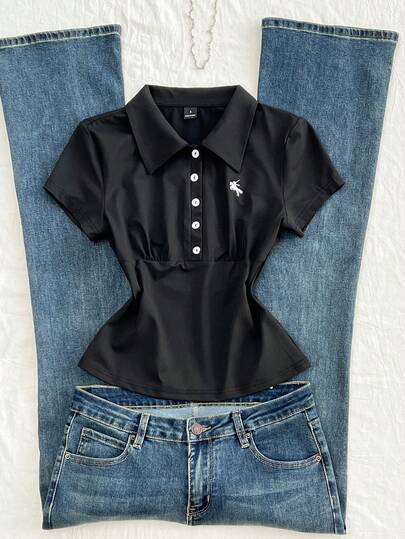 Elamini Áo thun nữ cổ polo, eo có dây rút, phối màu tương phản, thêu logo, thích hợp cho mùa xuân/hè.