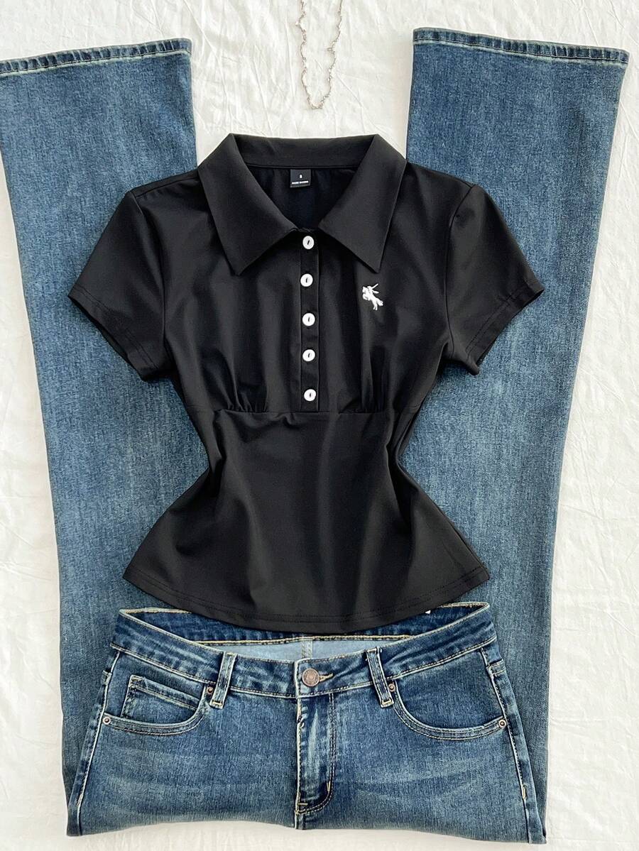 Flirla Damen Polokragen Taille Kordelzug Kontrast Farbe Besticktes Logo T-Shirt, Frühling/Sommer - Schwarz - Übersicht 1