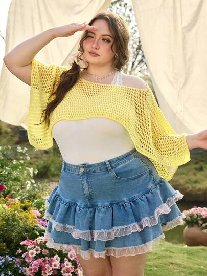 Sweetness Vintage Y2K Beachwear Shawl Collar Cropped Plus Size Knit Top