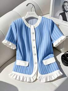 SHEIN Ladiora Women's Round Neck Blue And White Striped Contrast Color Short Sleeve Shirt - Blue and White - View 1