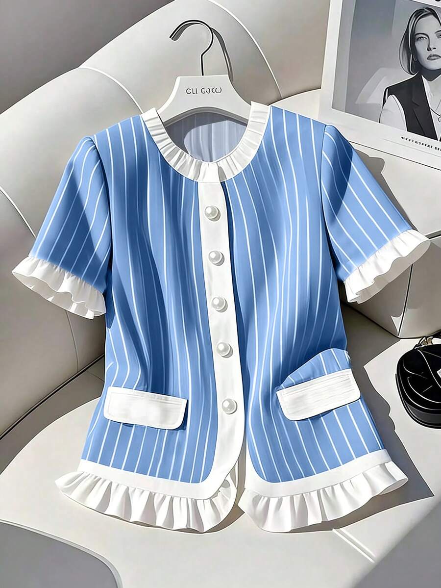 SHEIN Ladiora Women's Round Neck Blue And White Striped Contrast Color Short Sleeve Shirt - Blue and White - View 1