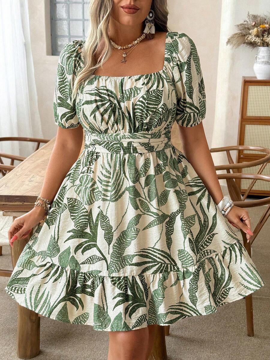 Ceyna Đầm ngắn in hoa màu xanh lá cây cỡ lớn dành cho nữ, đầm nhiệt đới cho nữ, đầm mùa hè cho nữ, đầm Hawaii cho nữ, đầm in lá xanh, trang phục đi nghỉ mát cho nữ, đầm nhiệt đới cho nữ. - màu xanh lá - Xem 1