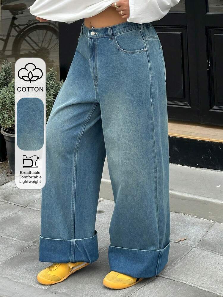 Dazy Plus Vintage Washed Blue Cuffed Hem Design Loose Straight Leg Long Jeans, All Season