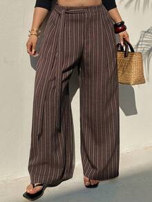 Dazy Plus Plus Size Women Loose Striped Casual Pants With Waist Tie, Suitable For Commuting, All Seasons - Brown - View 8
