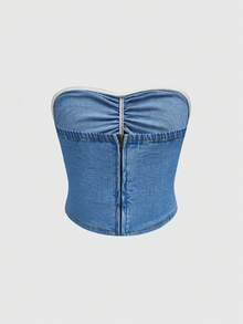 Rivivi Women's Pleated Casual Versatile Daily Wear Denim Tube Top - Blue - View 2