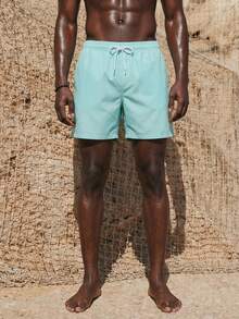 Palasendo Men Solid Drawstring Waist Swim Trunks - Baby Blue - View 3