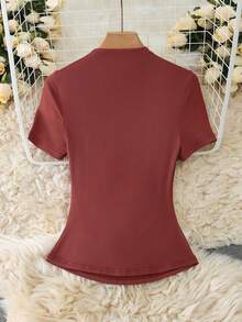 GlowEve Women's Fashion Mock Neck Ruched Short Sleeve Fitted Romantic Elegant Casual Commute Date Party Dinner T-Shirt, Spring/Summer - Brown - View 2