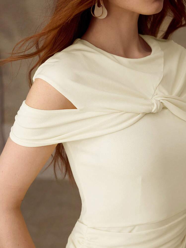 3D BOW KNOT ELASTIC KNIT MID-LENGTH DRESS