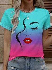 EMERY ROSE Plus Size Women's Casual Face Line Print Short Sleeve Round Neck T-Shirt, Spring/Summer - Multicolor - View 1