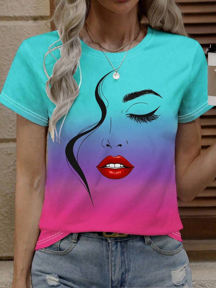 EMERY ROSE Plus Size Women's Casual Face Line Print Short Sleeve Round Neck T-Shirt, Spring/Summer - Multicolor - View 1