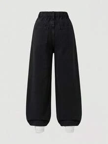 SHEIN ChillGRL Tween Girls Washed Black Denim Jeans, Vintage, Versatile, Floral Embroidery Design Straight Leg Wide Leg Jeans, Summer - Black - View 2