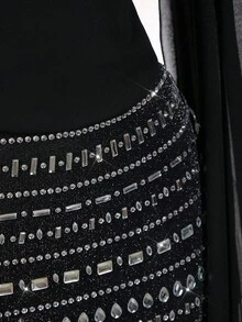 Amplova 两件套女士缎面露背修身甜美连衣裙套装，背部饰有水钻，闪亮水钻点缀裙摆，适合派对、秋冬季穿着。 - 黑色 - 查看 8