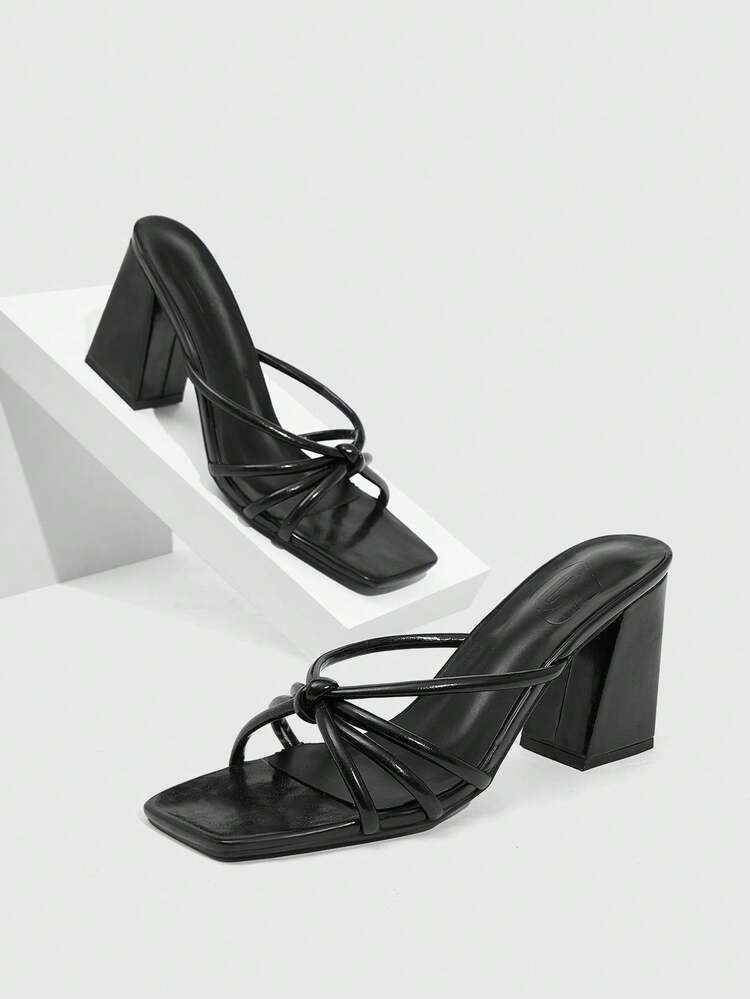 CUCCOO SZL Black Strap Criss-Cross Design Fashionable Commuter Square Toe Chunky Heel Sandals For Women Prom Heels