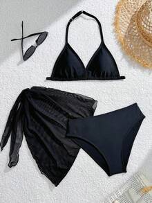 SHEIN 3件套女童/女孩黑色系列泳衣套装，沙滩度假派对，春夏款 - 黑色 - 查看 1