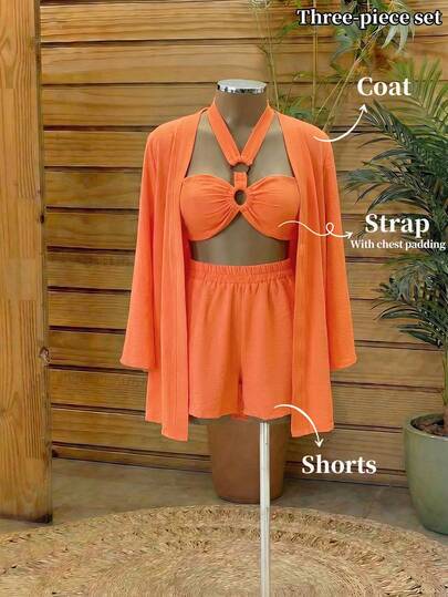 SHEIN Ladiora 度假休闲纯色吊带上衣和短裤套装
