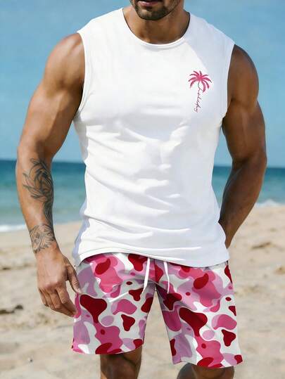 Manfinity RSRT Men's Summer Vacation Holiday White Pink Palm Tree Graphic Print Tank Top And Camo Camouflage Shorts Two Piece Set Beach Casual Tropical Hawaii Resort Sleeveless Vest Muscle Tee Drawstring Board Shorts Matching Outfit Party Festival Loose Fit Breathable,Men's Coconut Tree Print Tank Top And Camouflage Shorts Set