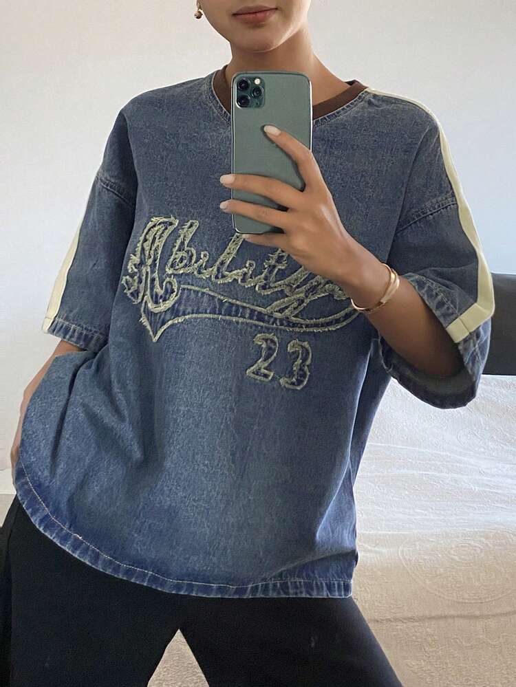 Women's Casual Denim Top With V-Neck, Short Sleeves, Loose Fit, Letter Embroidery Design, Street Style, Summer