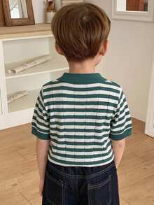 Dazy Kids Cartoon Bear Pattern Striped Short Sleeve Casual Polo Sweater For Young Boy Summer - Dark Green - View 2