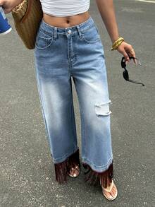 Sunnyshic Women's Casual Washed Distressed Fringe Hem Jeans - Blue - View 4