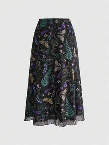 ROMWE Fairycore Jupe mini évasée style gothique sombre pour femmes avec imprimé chauve-souris, crâne, lune, citrouille - Noir - Voir 2